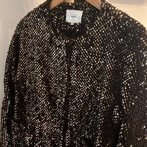SUNCOO Black Sequin Teddy Jacket with Metallic Accents
